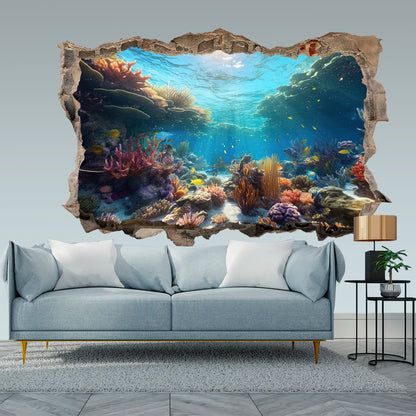 Undersea Wonderland 3D Wall Decal - Colorful Ocean World Behind Broken Wall - BW013