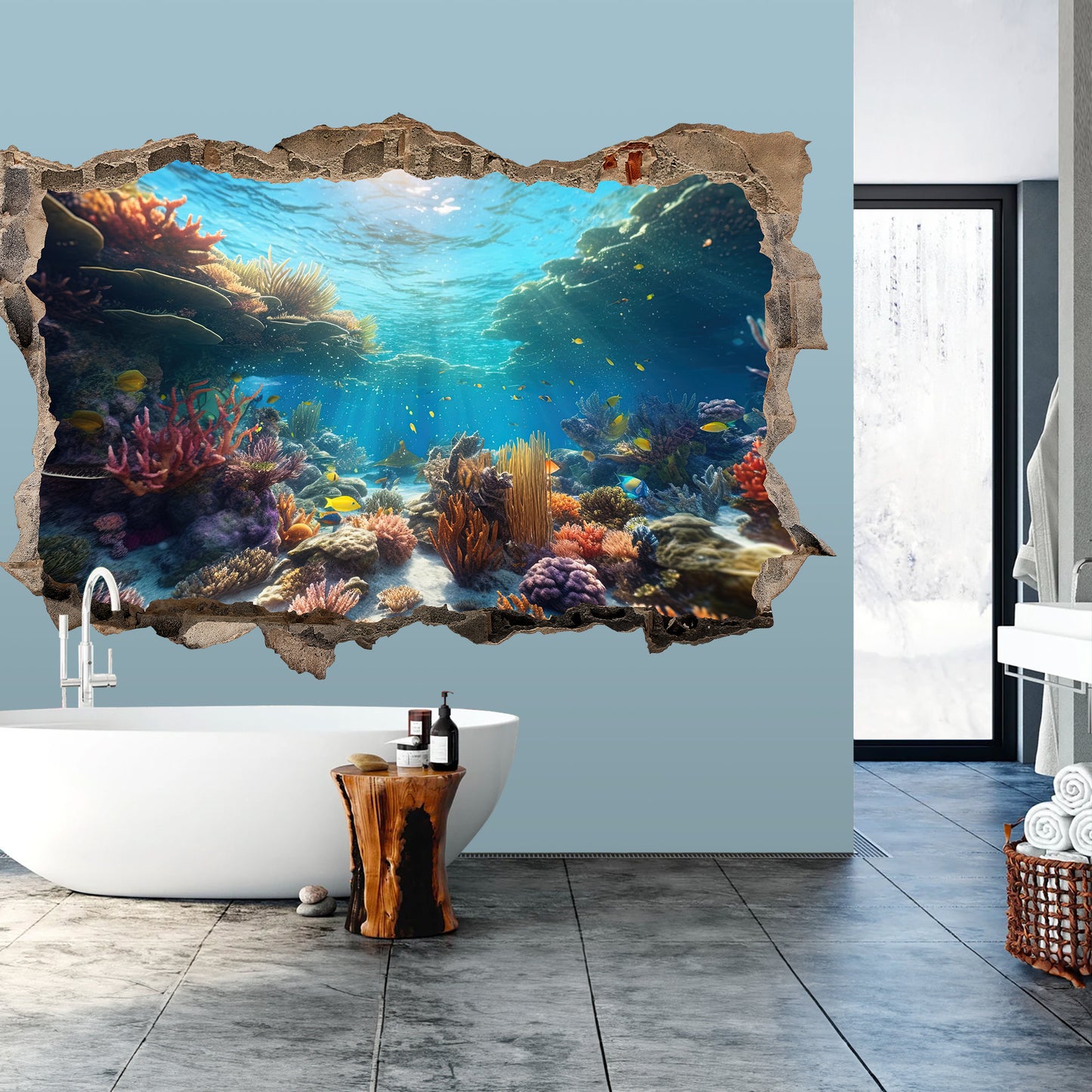 Undersea Wonderland 3D Wall Decal - Colorful Ocean World Behind Broken Wall - BW013