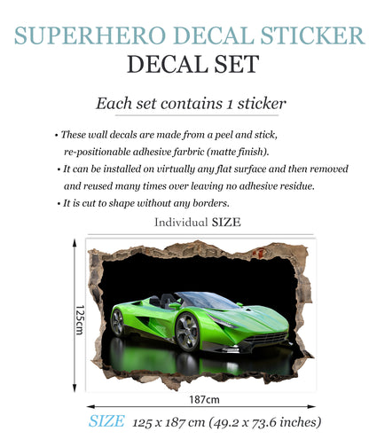 Cool Green Supercar 3D Wall Decal - Smashed Wall Effect - BW014