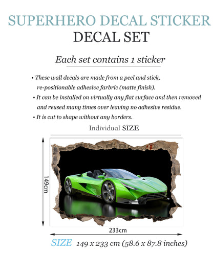 Cool Green Supercar 3D Wall Decal - Smashed Wall Effect - BW014