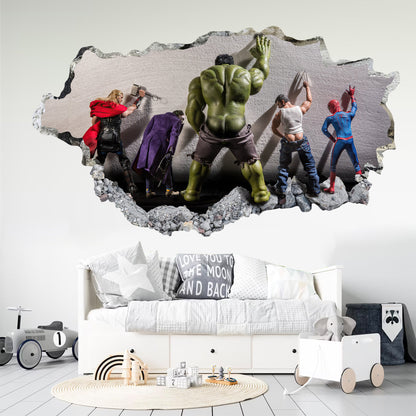 Humorous Avengers Superhero 3D Wall Decal Behind Broken Wall - SP022