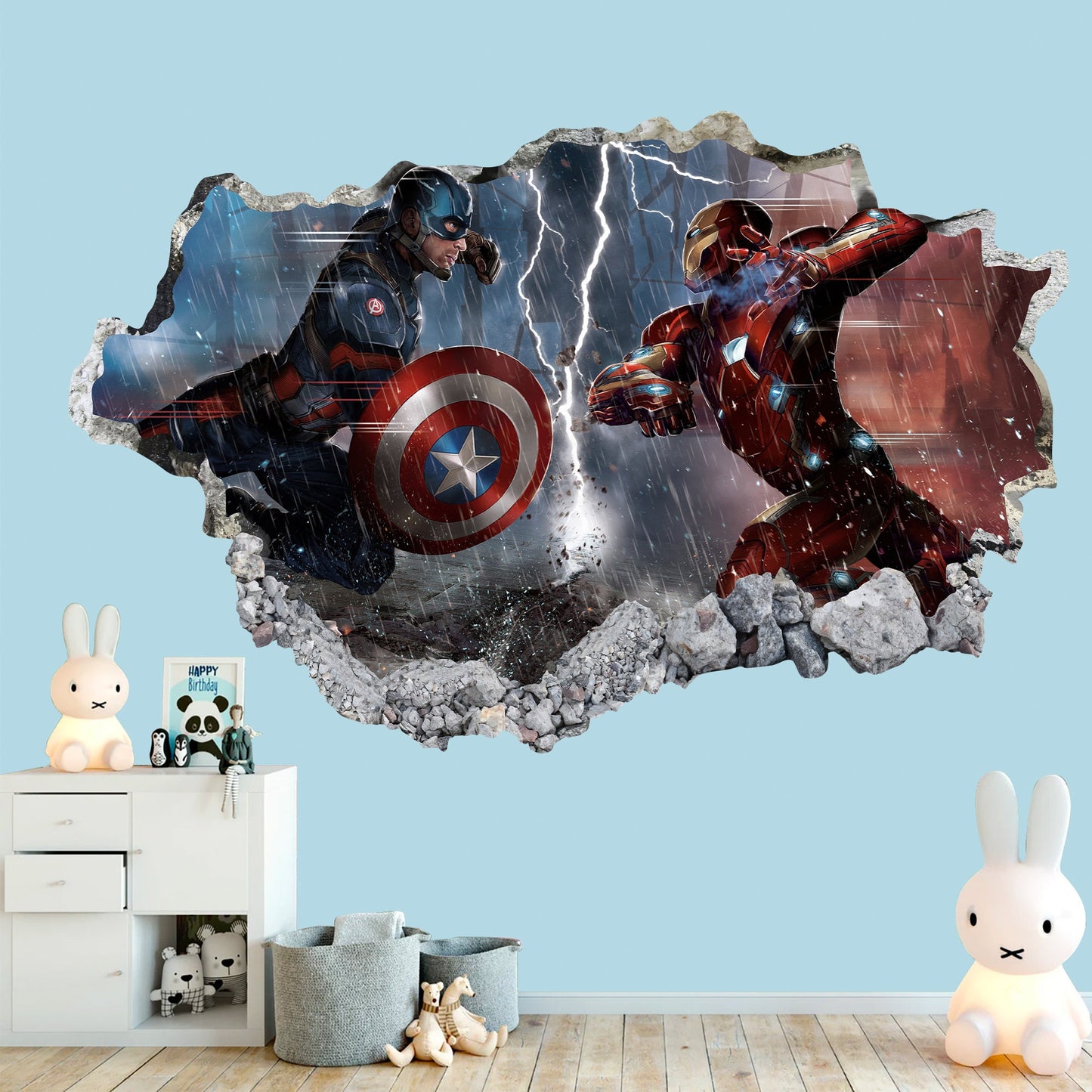 Stormy Battle: Captain America and Iron Man Wall Decal - Avengers Superhero - SP023