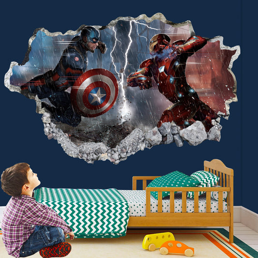 Stormy Battle: Captain America and Iron Man Wall Decal - Avengers Superhero - SP023