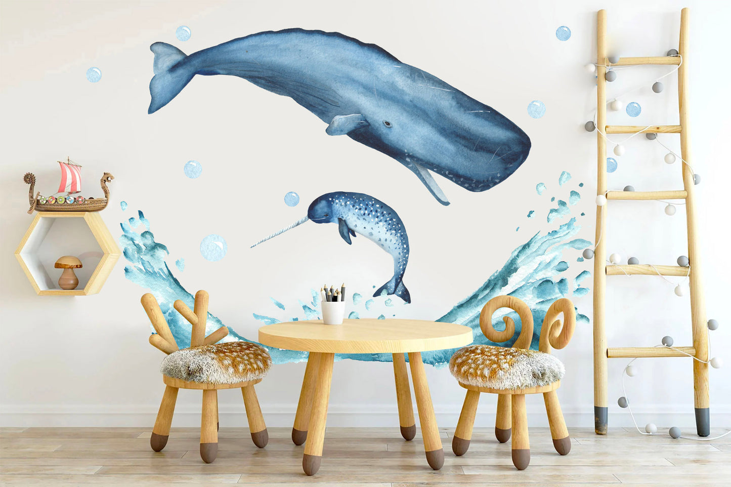 Breaching Whales Sperm Whale and Narwhal Wall Decal - BR075