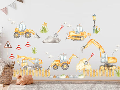 Yellow Construction Machinery Engineering Construction Vehicle Crane Trucks Removable Wall Decal Boys Room Gift - BR187