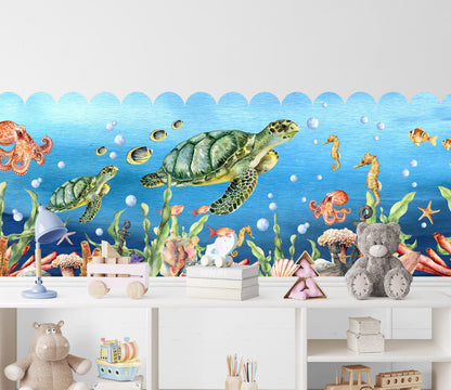 Cartoon Underwater Fabric Wall Mural - Adorable Sea Creatures, Turtles, Octopuses, Seahorses Swimming in Beautiful Watercolor - WM033