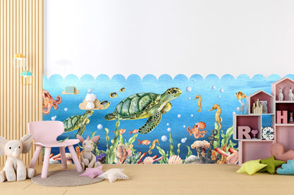 Cartoon Underwater Fabric Wall Mural - Adorable Sea Creatures, Turtles, Octopuses, Seahorses Swimming in Beautiful Watercolor - WM033