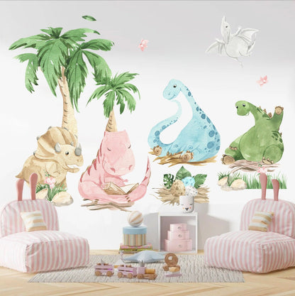 Baby Dinosaurs Resting by Palm Tree Dino Wall Decal - BR113