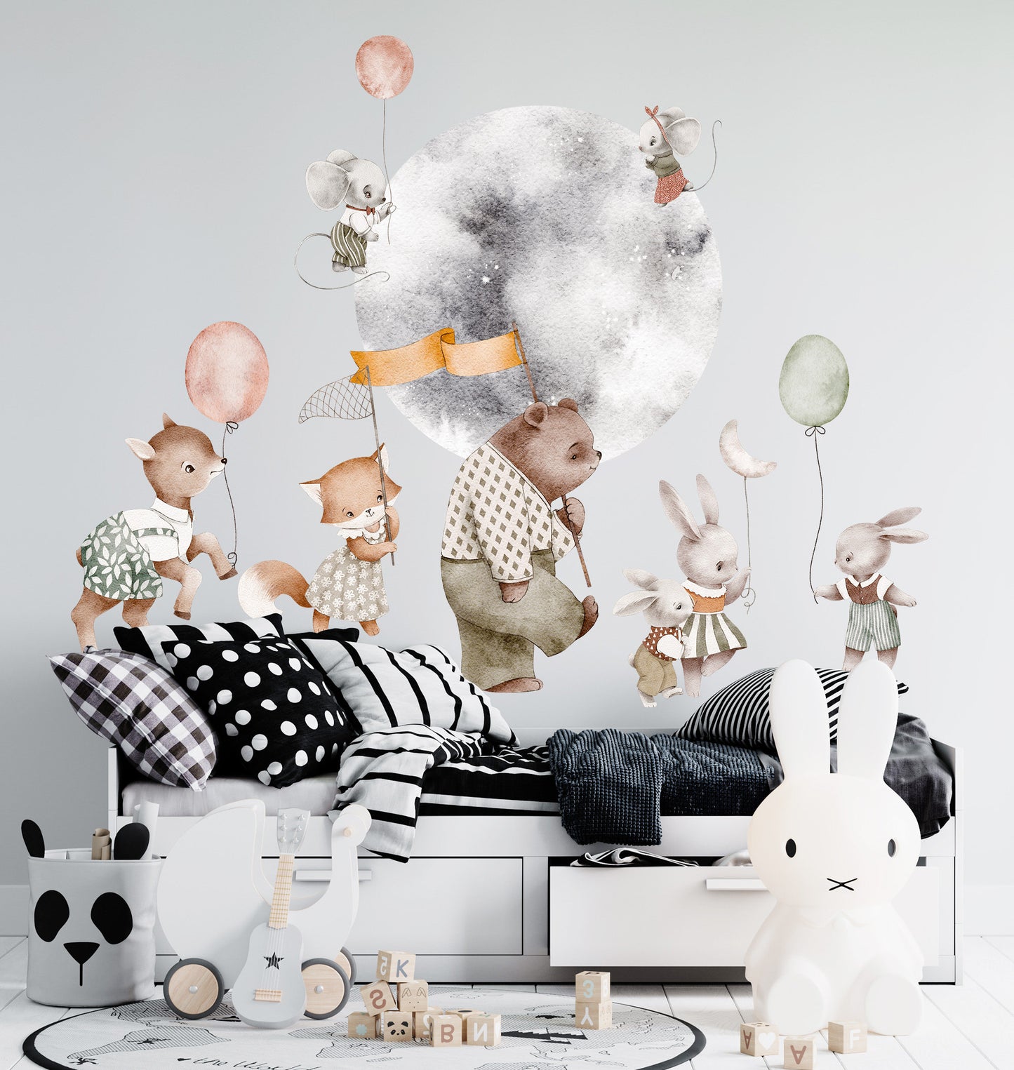 Adorable Animal Babies Strolling Under Full Moon with Balloons and Flags Removable Wall Decal - BR230