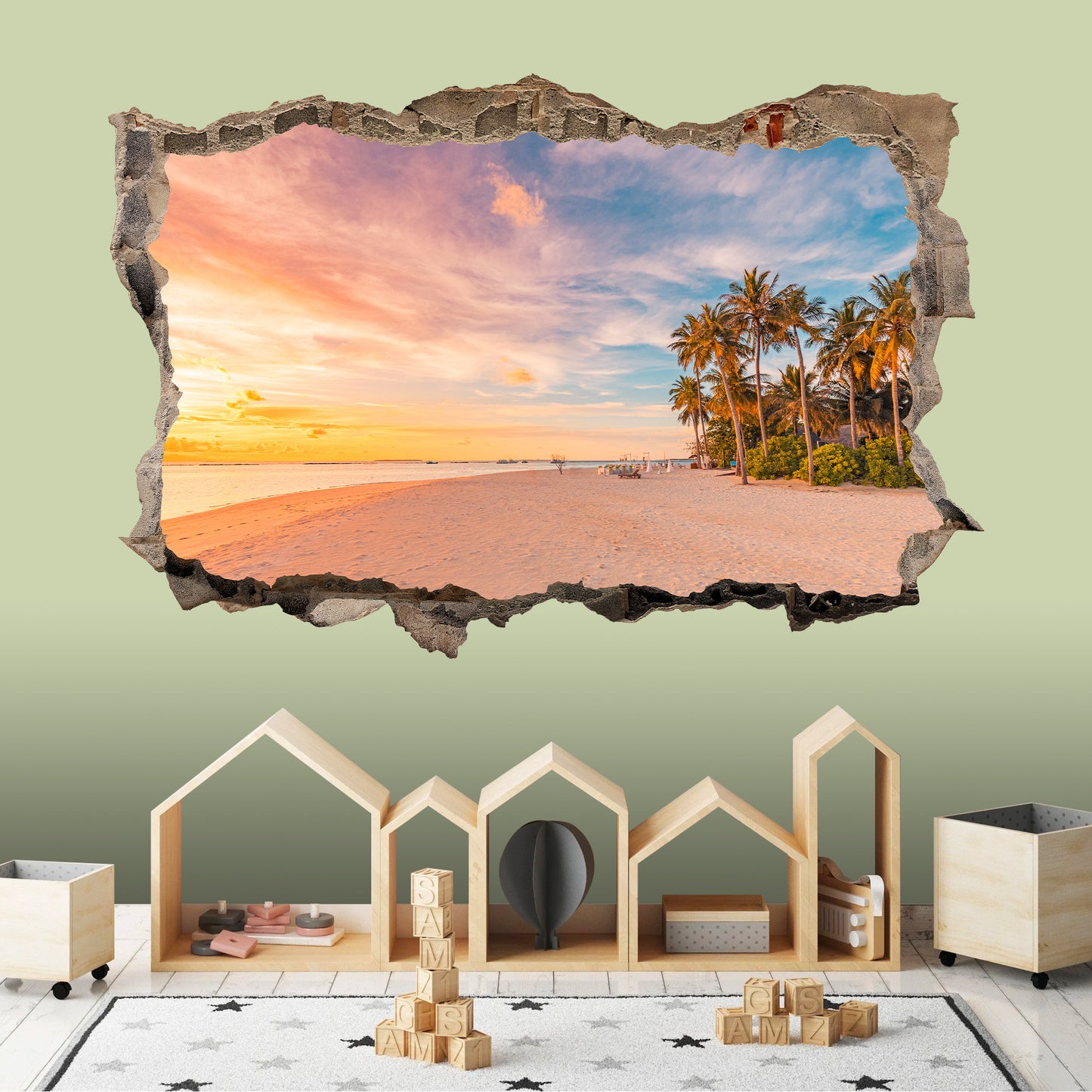 3D Ocean Sunset Wall Decal - Stunning Beach View Through Realistic Cracked Wall, Tropical Palm Trees, and Azure Seascape - BW015