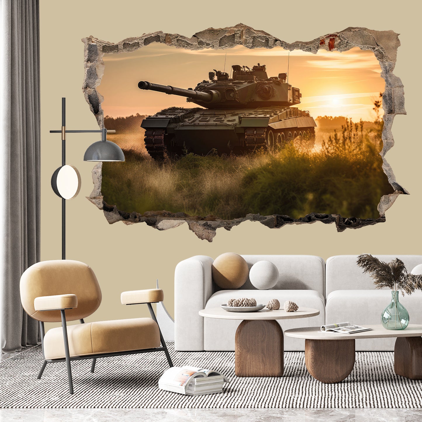 3D Tank Sunset Wall Decal - Tank Rolling on Meadow at Sunset, Room Decor - BW017
