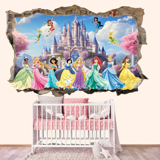 3D Princess Castle Wall Decal - Seven Beautiful Princesses, Four Fairy Florals, Room Decor - BW018