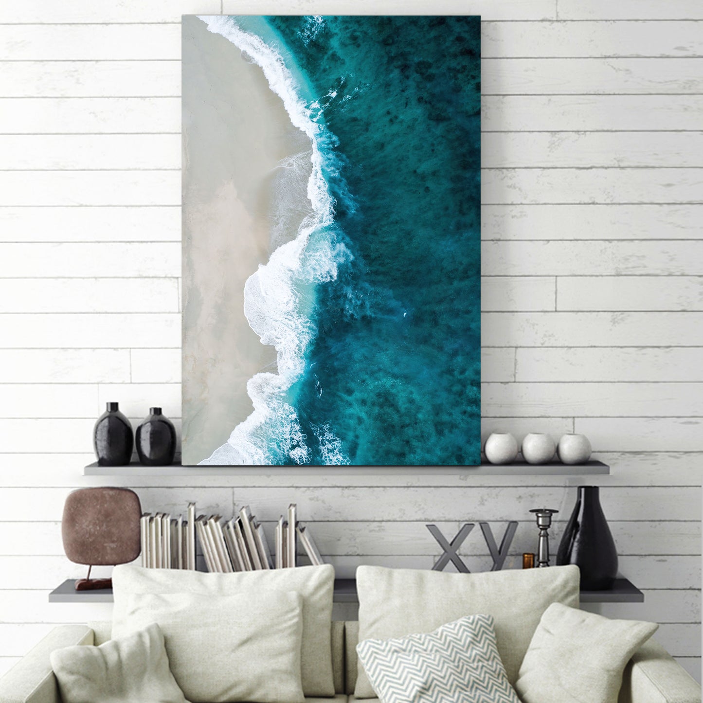 Framed Beach Wave Canvas Aerial View Ocean Print Wall Art Blue Wave White Beach